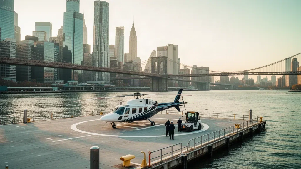 Elicottero executive sulla piattaforma di atterraggio sul lungomare di Downtown Manhattan Heliport, con l'East River e lo skyline di Lower Manhattan sullo sfondo