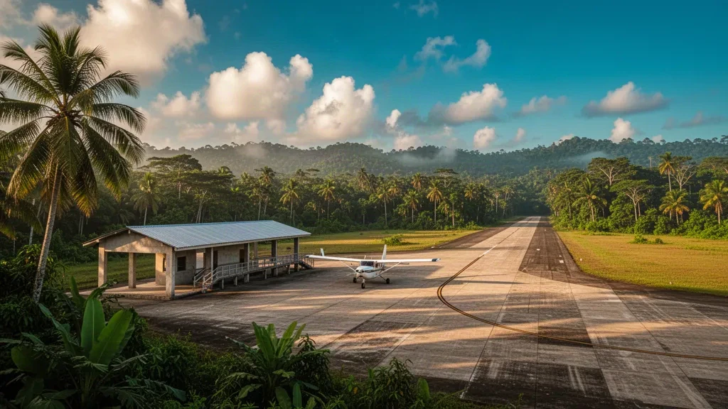 Piccola pista tropicale all'Aeroporto di Jaqué nel Darién, Panama, con un aereo leggero, palme e foresta pluviale durante l'ora d'oro