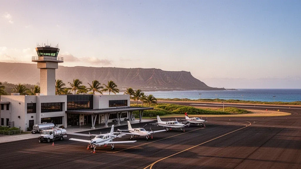 General aviation apron and control tower at Kalaeloa Airport in Kapolei, Oahu, lit by warm golden-hour light with parked light aircraft.