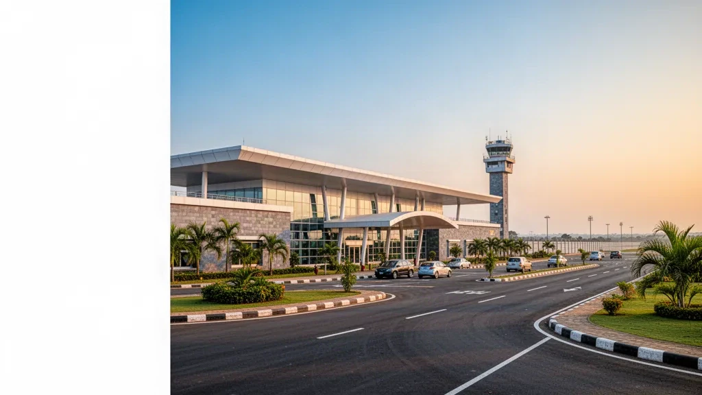 Moderne Glasfassade des Terminals und Vorfahrtspur am Flughafen Jharsuguda in Odisha zur goldenen Stunde.