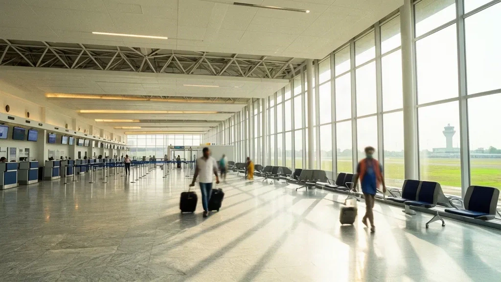 Interior luminoso y moderno de la terminal del aeropuerto Veer Surendra Sai en Jharsuguda, Odisha, con mostradores de facturación, asientos y paredes de cristal