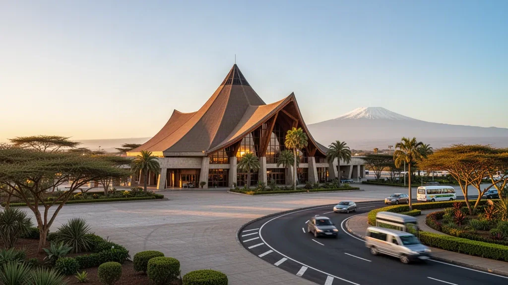 Exterior de la terminal del Aeropuerto Internacional del Kilimanjaro a la hora dorada con el monte Kilimanjaro en el horizonte en Tanzania