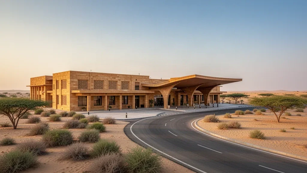 Veduta all'ora d'oro del terminal in arenaria dell'Aeroporto di Jaisalmer e della pensilina curva per la salita e discesa passeggeri nel Deserto del Thar, Rajasthan