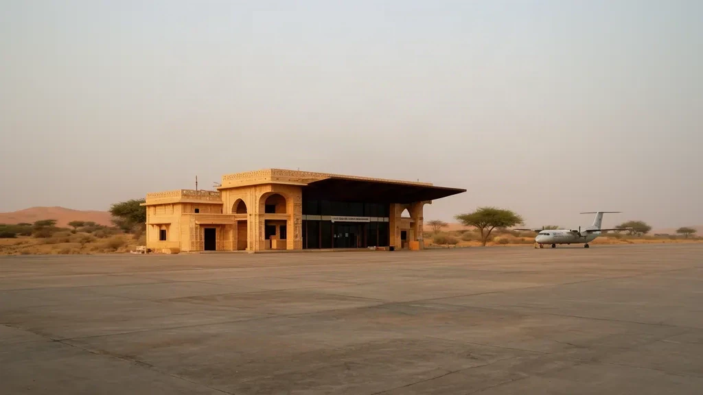 Esterno del terminal dell'Aeroporto di Jaisalmer in Rajasthan, con la facciata dai toni arenaria e i dintorni desertici nella calda luce pomeridiana