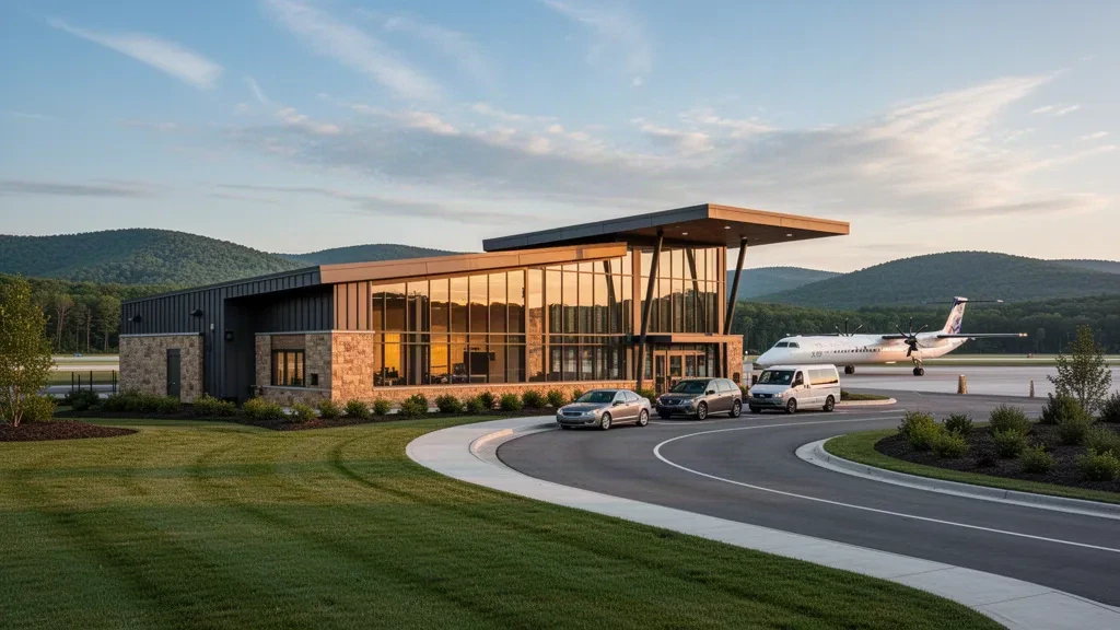 Modernes Glasterminal und geschwungene Vorfahrtüberdachung am John Murtha Johnstown-Cambria County Airport, umrahmt von bewaldeten Hügeln Pennsylvanias