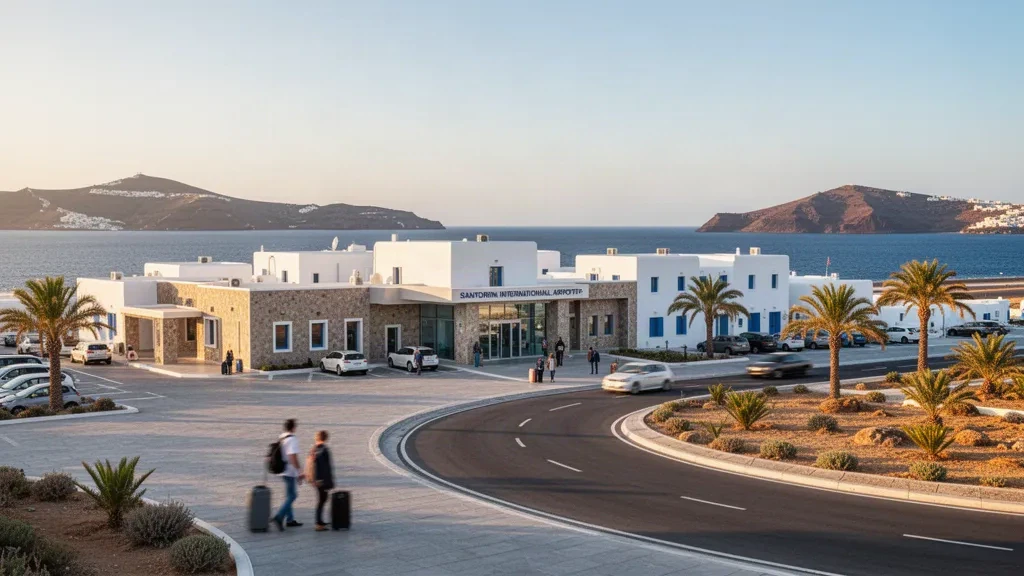 Weißes kykladisches Terminal und Aussteigespur am Flughafen Santorini International JTR unter klarem ägäischem Himmel.