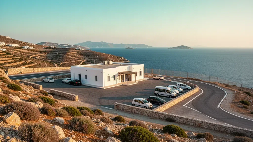 Ege'deki Astypalaia Adası Havalimanı'nda badanalı terminal ve yamaç pisti, sıcak ikindi sonrası ışığıyla aydınlanıyor