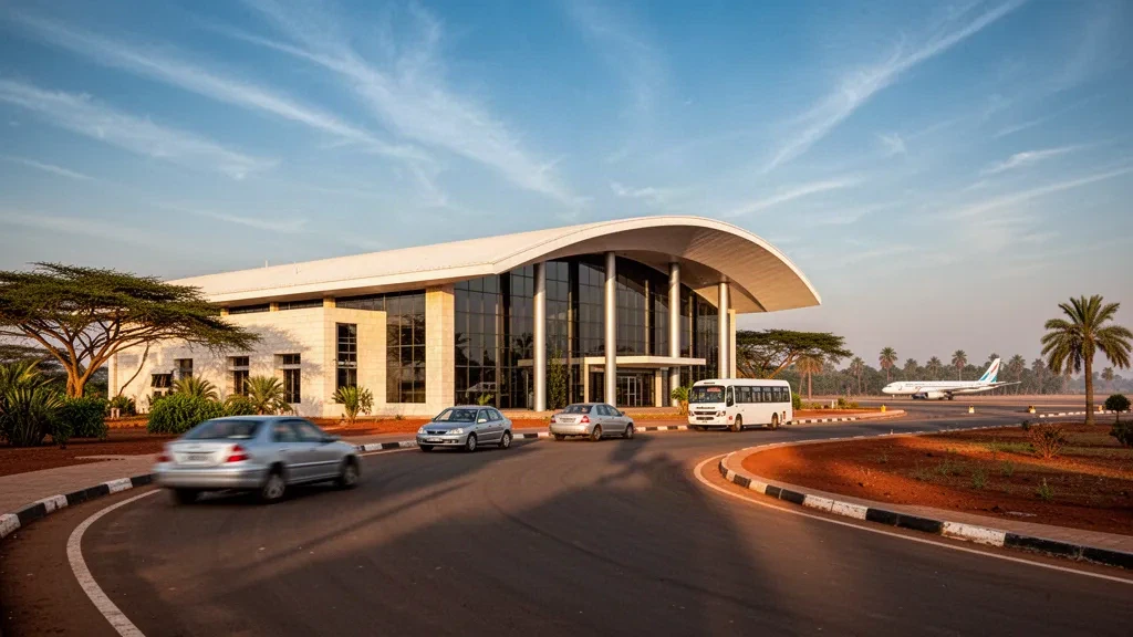 Exterior moderno de terminal de cristal y carril de descenso en el Aeropuerto Internacional de Juba en Sudán del Sur durante una cálida luz de hora dorada.