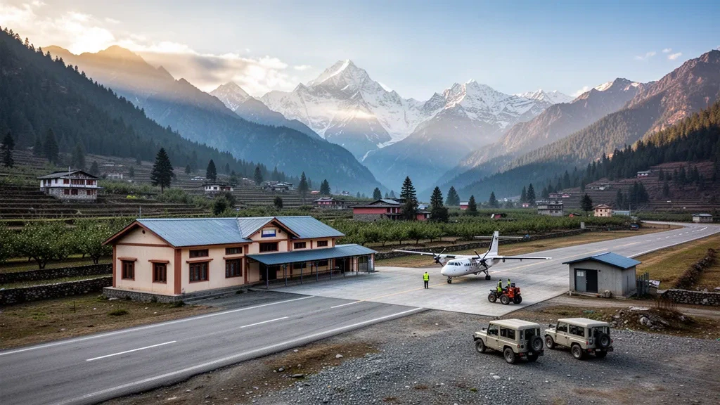 Compact terminal and short mountain airstrip at Jumla Airport in Nepal, surrounded by terraced hills and distant snow-capped Himalayan peaks.