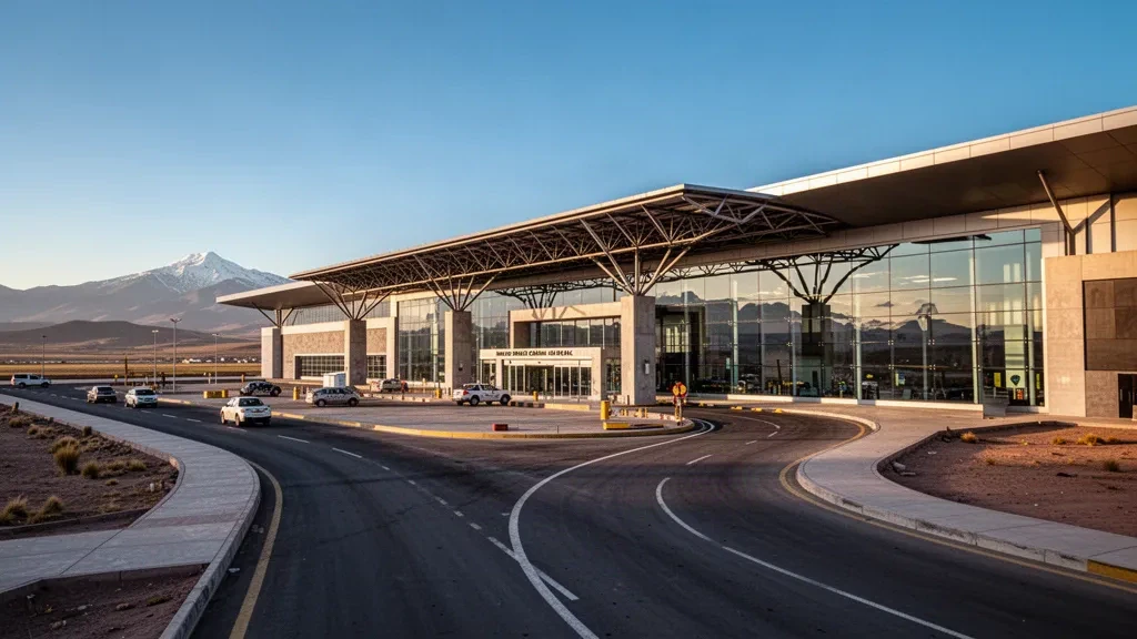 Extérieur moderne du terminal de l'aéroport international Inca Manco Capac à Juliaca, au Pérou, avec le plateau andin et une lumière dorée.
