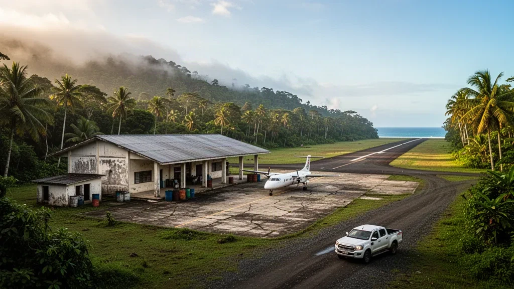 Petit terminal tropical et piste de l'aéroport de Juradó dans le Chocó, en Colombie, entourés de forêt tropicale du Pacifique et d'une lumière dorée d'après-midi.