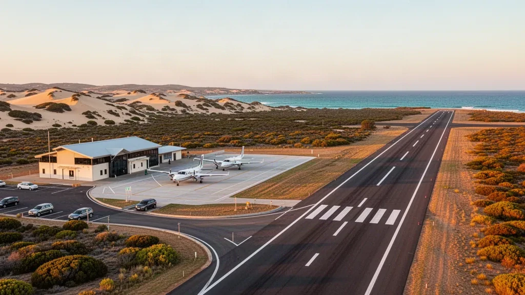 Petit tarmac d'aéroport régional côtier, aéronef léger et piste à Jurien Bay, Australie-Occidentale, dans une lumière dorée chaude