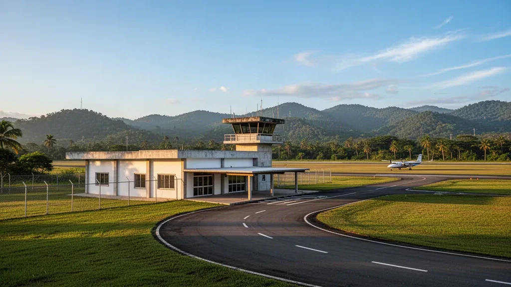 Honduras'ın Olancho bölgesindeki Juticalpa Havalimanı'nda küçük bölgesel terminal binası, apron ve pist, altın ışıkta yeşil dağlarla çevrili