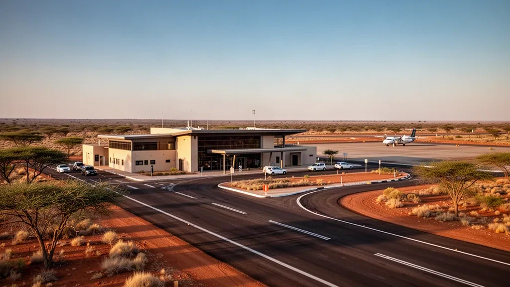 Terminal building and runway at Jwaneng Airport in Botswana, seen in warm golden light across the open Kalahari landscape