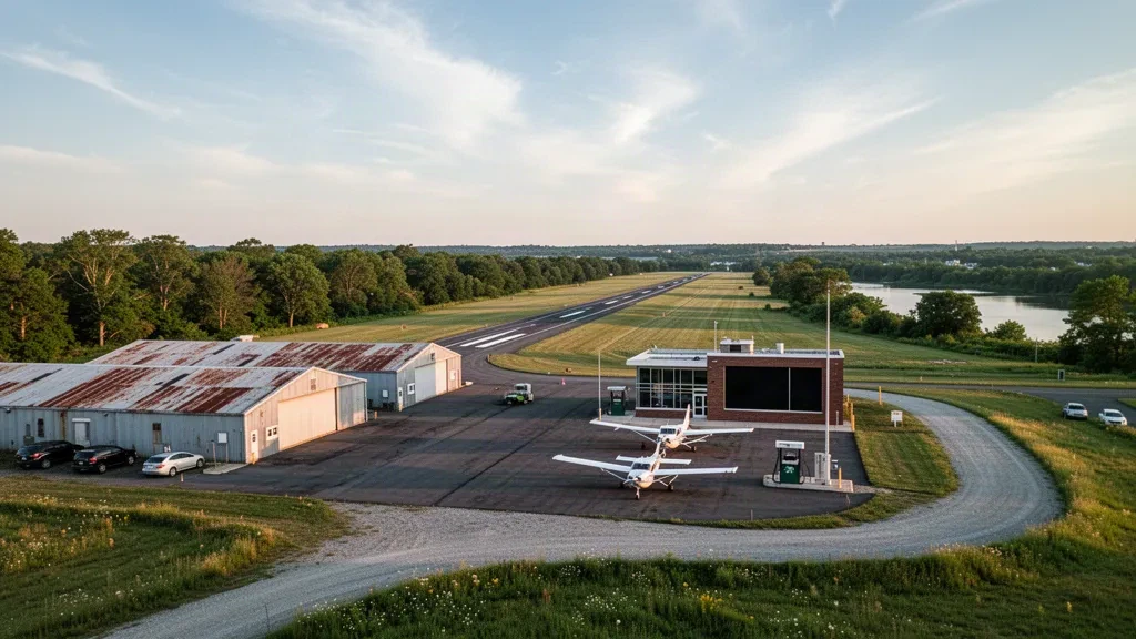 Leichtflugzeuge geparkt neben niedrigen Hangars und einer schmalen Startbahn am Central Jersey Regional Airport in Manville, New Jersey, in warmem Licht des späten Tages.
