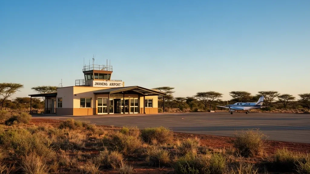 Vista exterior de la terminal del Aeropuerto de Jwaneng en Botsuana con la torre de control y el entorno de matorral semiárido.