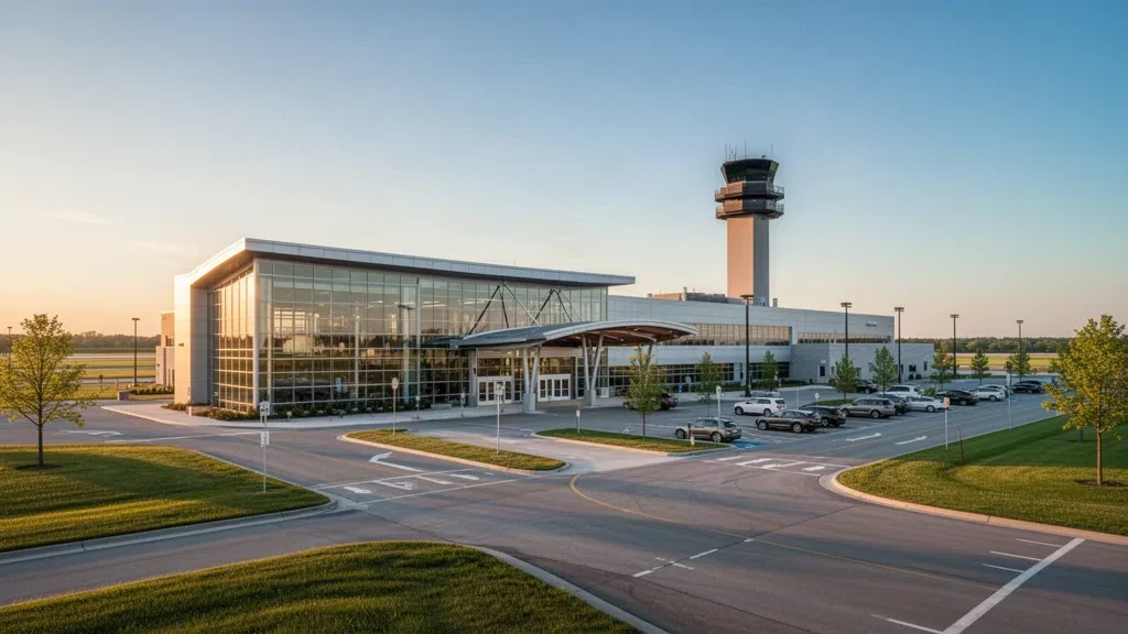 Moderne Glasfassade des Terminals am Southern Wisconsin Regional Airport mit Vorfahrtspuren und Kontrollturm zur goldenen Stunde.