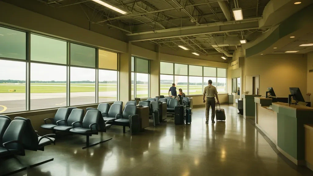 Helles Interieur des Terminals des Southern Wisconsin Regional Airport JVL in Janesville mit Sitzreihen und Fenstern zum Vorfeld.