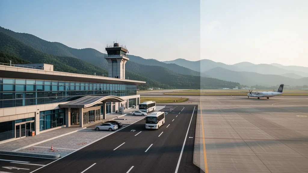 Modern terminal exterior at Chungju Airport in South Korea, with mountain ridges, a drop-off lane and a parked regional aircraft in warm light