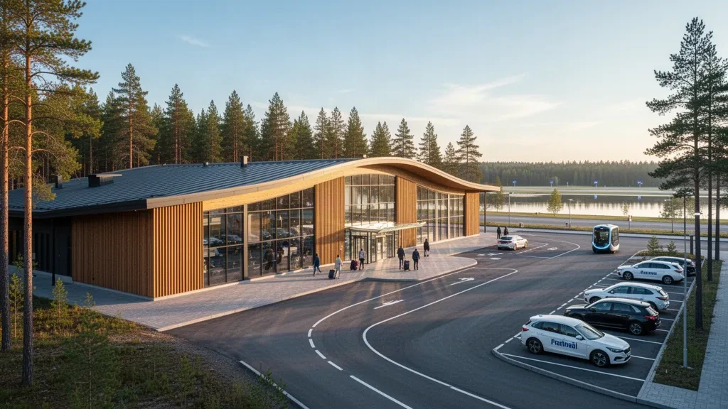 Modern glass and timber terminal exterior at Jyväskylä Airport in Finland, with a clean drop-off forecourt and pine forest surroundings.