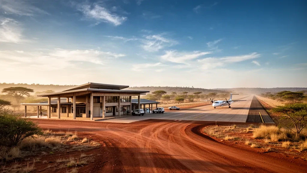 Kleines regionales Flughafenterminal und Landebahn am Flughafen Kariba in Simbabwe, umgeben von trockenem Buschveld im warmen Licht des späten Nachmittags