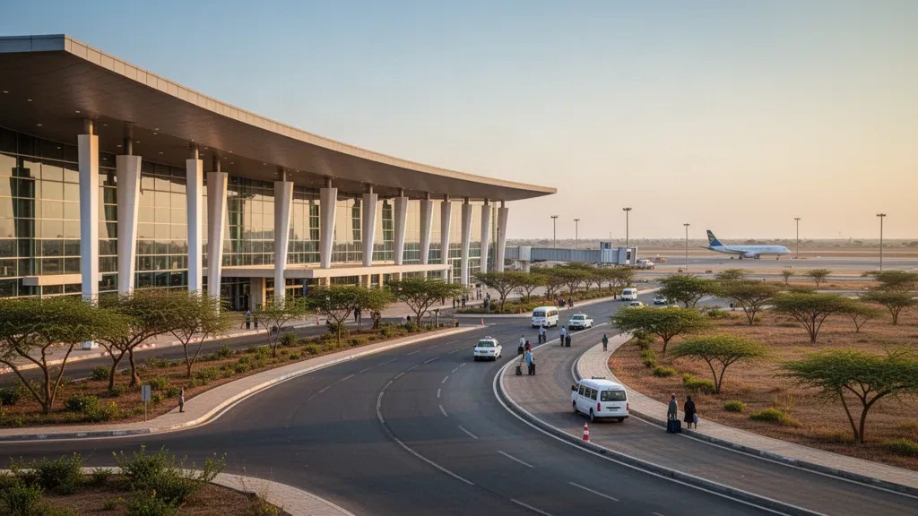 Modern terminal and runway area at Kaduna International Airport in Nigeria under warm golden hour light.