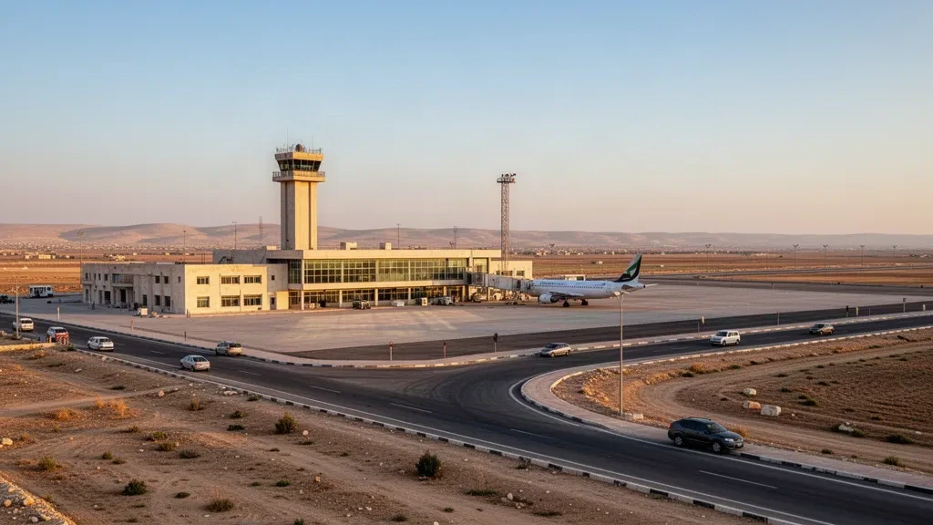 Aeroporto Internazionale di Qamishli nel nord-est della Siria con il suo terminal basso, la torre di controllo, gli aerei parcheggiati e la strada d'accesso tranquilla all'ora d'oro.