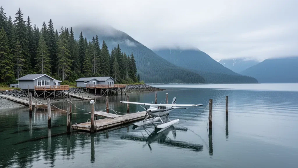 Wasserflugzeug an einem hölzernen Steg auf ruhigem Wasser am Kake Seaplane Base in Südost-Alaska, dahinter neblige bewaldete Berge