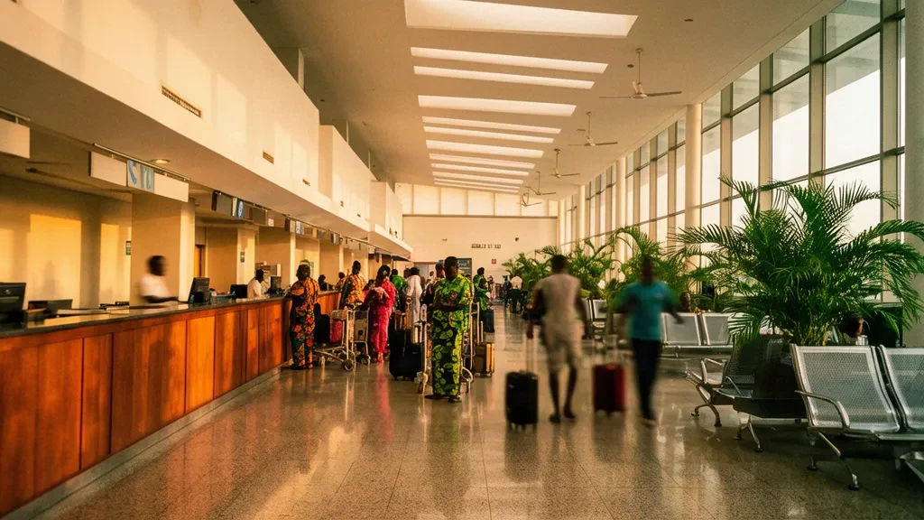 Kaduna Uluslararası Havalimanı'nda check-in kontuarları, fayans zeminler ve sıcak gün ışığında yolcuların bulunduğu kalkış salonu içi