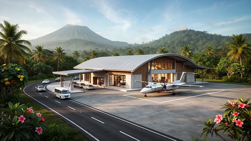 Terminal et tarmac de l'aéroport de Karato en Papouasie-Nouvelle-Guinée, entourés de palmiers tropicaux, de montagnes verdoyantes au loin et d'une lumière chaude d'après-midi.