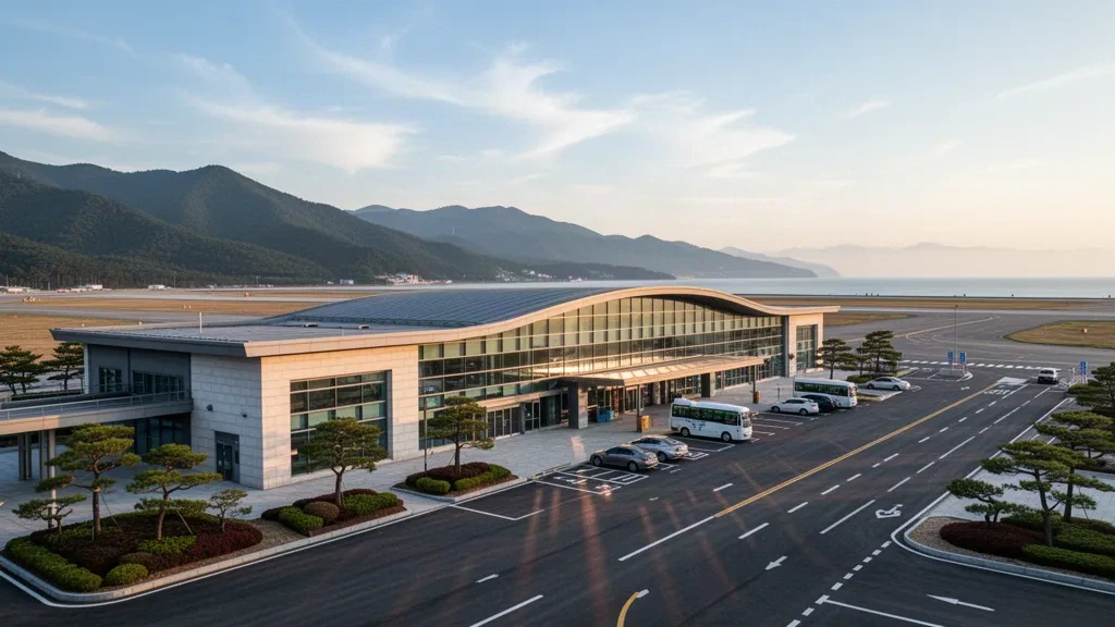 Modern glass terminal and curbside drop-off lane at Gangneung Airport in South Korea, framed by coastal mountains at golden hour