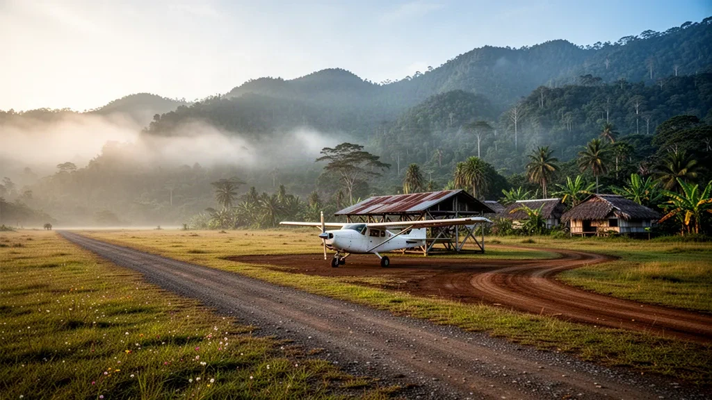 Remote highland airstrip at Kar Airport in Papua New Guinea, with a small turboprop aircraft, misty forested mountains and morning light