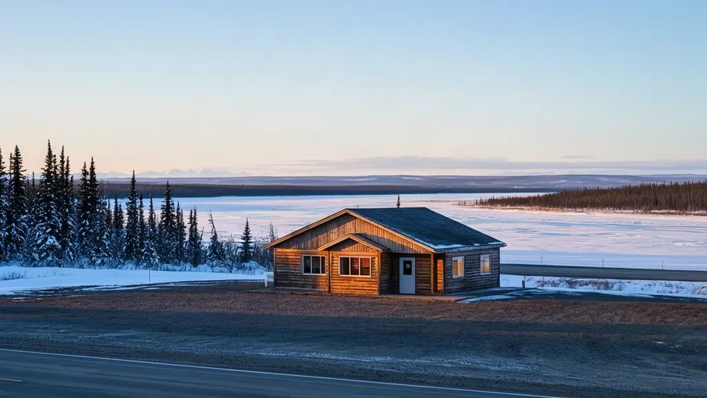 Small terminal building at Kaltag Airport in Alaska, with a gravel runway and snowy spruce forest under winter light.