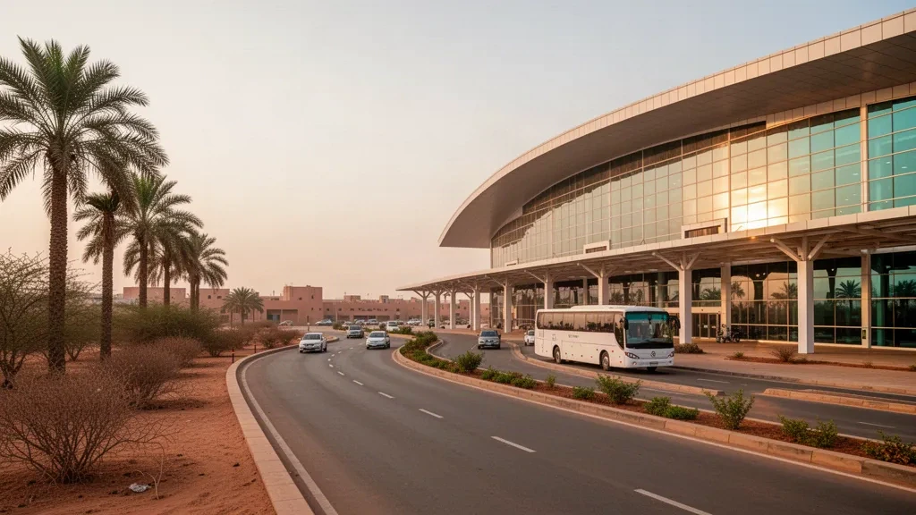 Kano'daki Mallam Aminu Kano Uluslararası Havalimanı'nda altın saatlerde modern cam terminal binasının dış cephesi ve yolcu indirme şeritleri