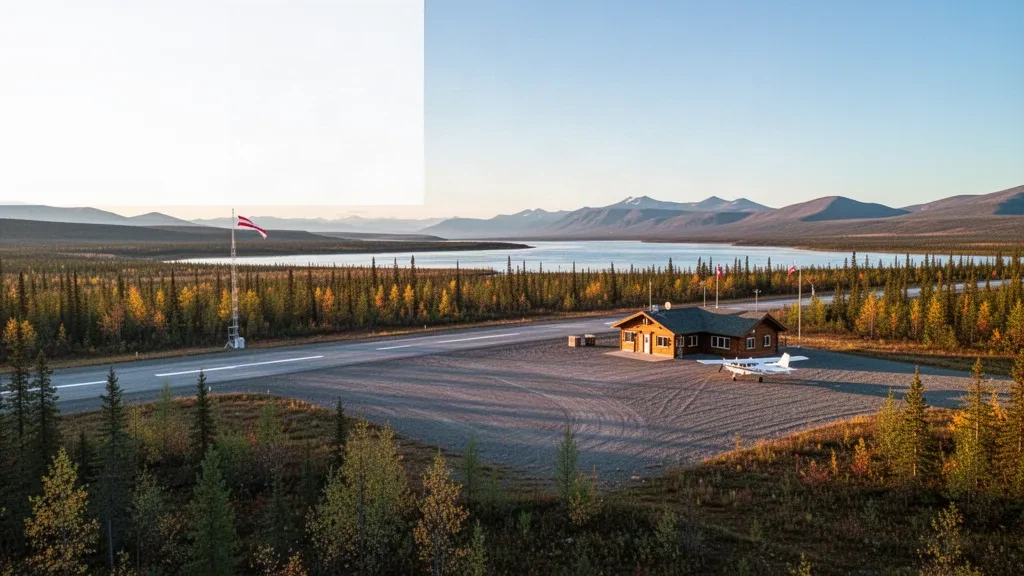 Piste en gravier et petit terminal en bois à l'aéroport de Kaltag en Alaska, entourés de forêt boréale et du fleuve Yukon.