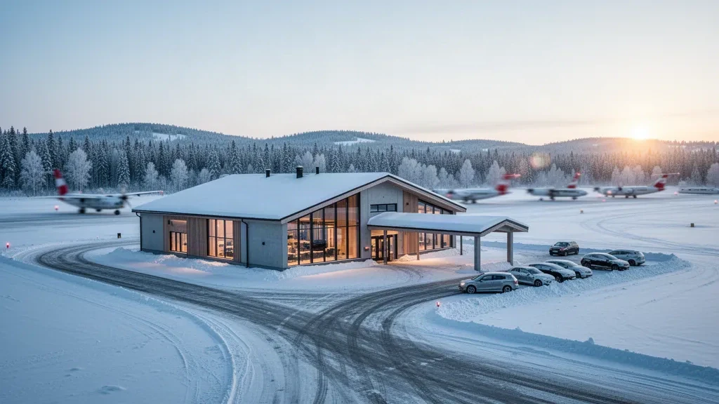 Snowy Kuusamo Airport terminal exterior with plowed apron, parked aircraft and frost-covered forest in Finnish Lapland