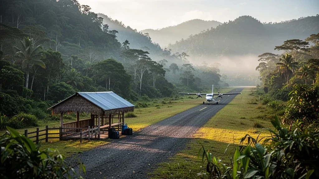 Small bush plane on the grass runway at Kamulai Airport in Papua New Guinea, framed by misty rainforest mountains