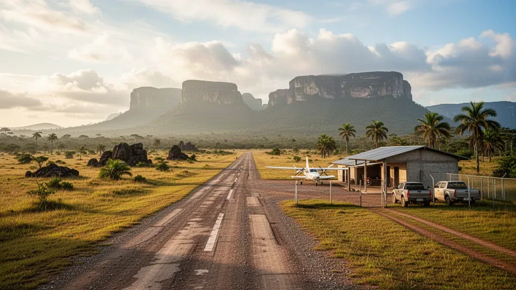 Abgelegene Start- und Landebahn des Flughafens Kavanayén in der Gran-Sabana-Savanne Venezuelas, umrahmt von Tepui-Bergen im warmen Morgenlicht