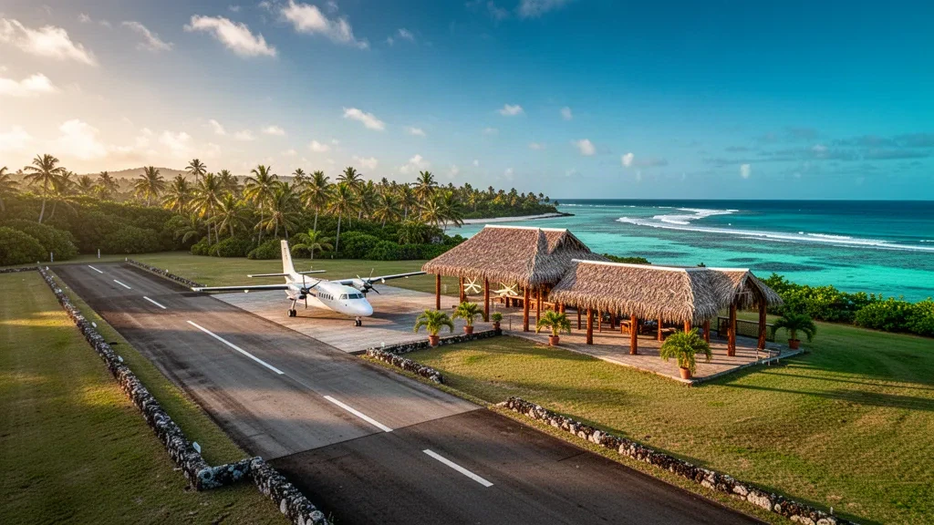 Tropical airstrip on Wakaya Island, Fiji, with a small light aircraft parked beside the runway and a turquoise Pacific lagoon beyond.