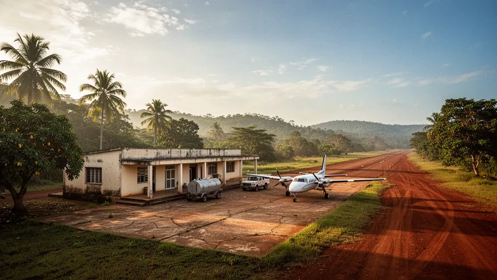 Small tropical airport apron and single-storey terminal at Kabala Airport in Sierra Leone, framed by green hills at golden hour