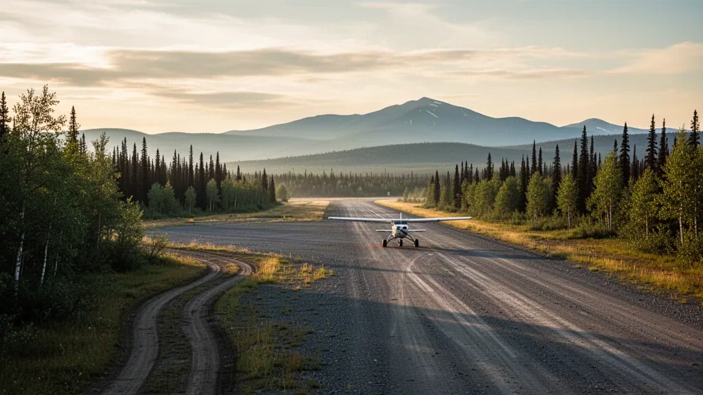 Schotterpiste am Birch Creek Airport im ländlichen Alaska, umrahmt von Fichtenwald und fernen Hügeln im Licht der goldenen Stunde
