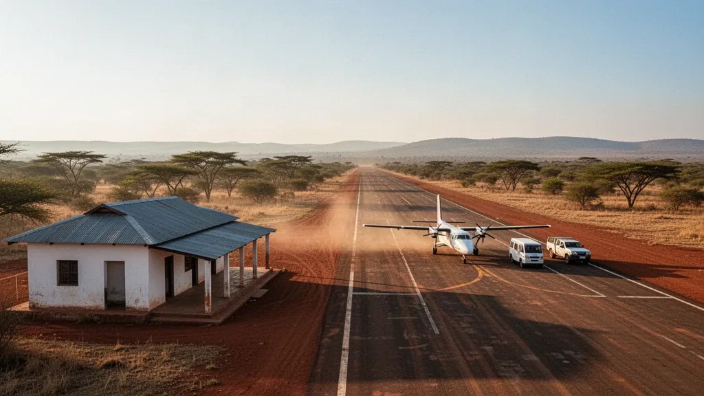 Small turboprop parked on the dusty apron of Kahama Airstrip in Tanzania, with a low terminal building and savanna hills at golden hour.