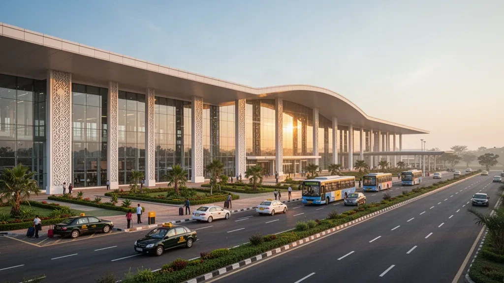 Modern glass terminal and drop-off lanes at Kushinagar International Airport during golden hour.