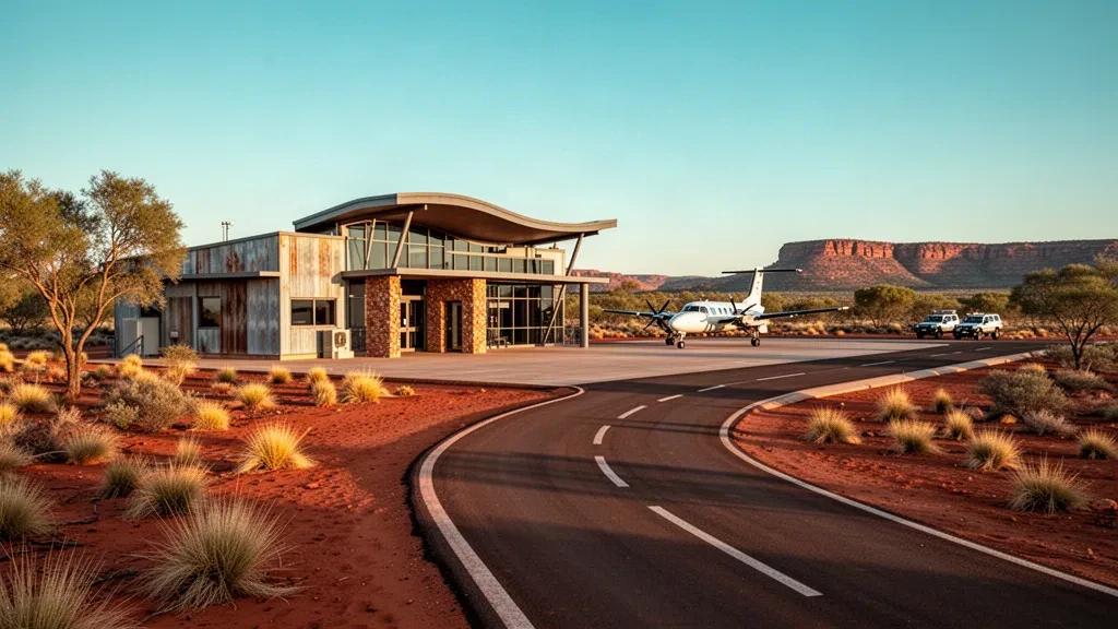 Pequeña terminal aeroportuaria y pista del remoto interior en Kings Canyon, en el Centro Rojo de Australia, bajo la cálida luz de la hora dorada