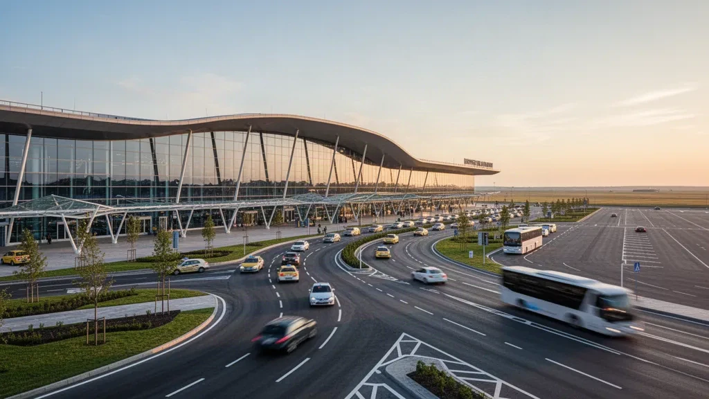 Altın saatlerde Kiev yakınlarındaki Boryspil Uluslararası Havalimanı'nda modern kavisli cam terminal binasının dış görünümü, erişim yolları ve hero katmanları için temiz alan