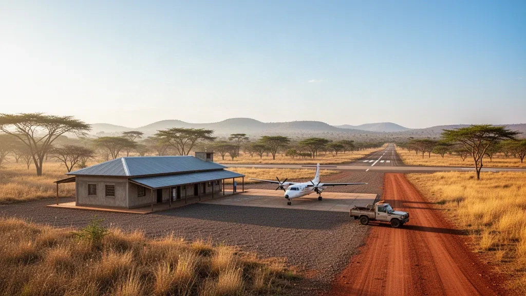 Ländliches Vorfeld des Flughafens Kasungu, Terminalgebäude und von Savanne gesäumte Start- und Landebahn im zentralen Malawi bei warmem Licht am späten Nachmittag