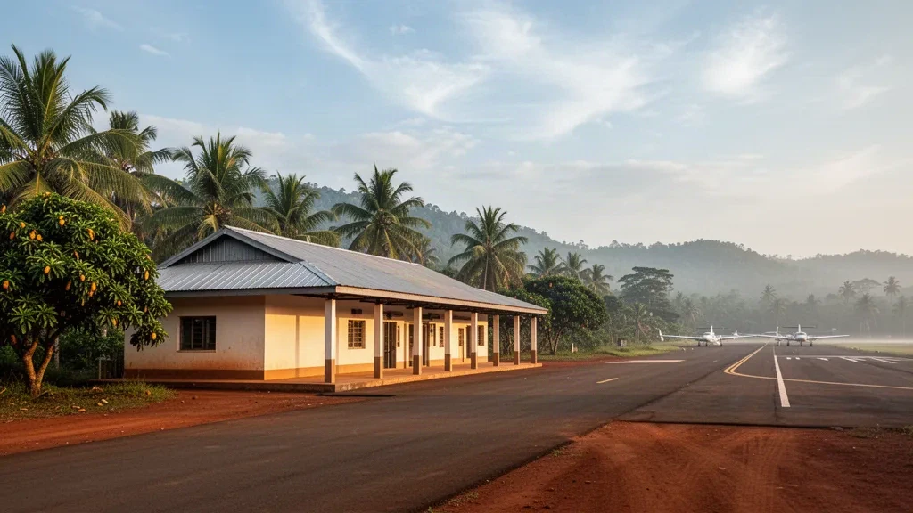 Flaches cremefarbenes Terminal und palmengesäumtes Vorfeld am Bo Airport in Sierra Leone bei warmem tropischem Licht am späten Nachmittag