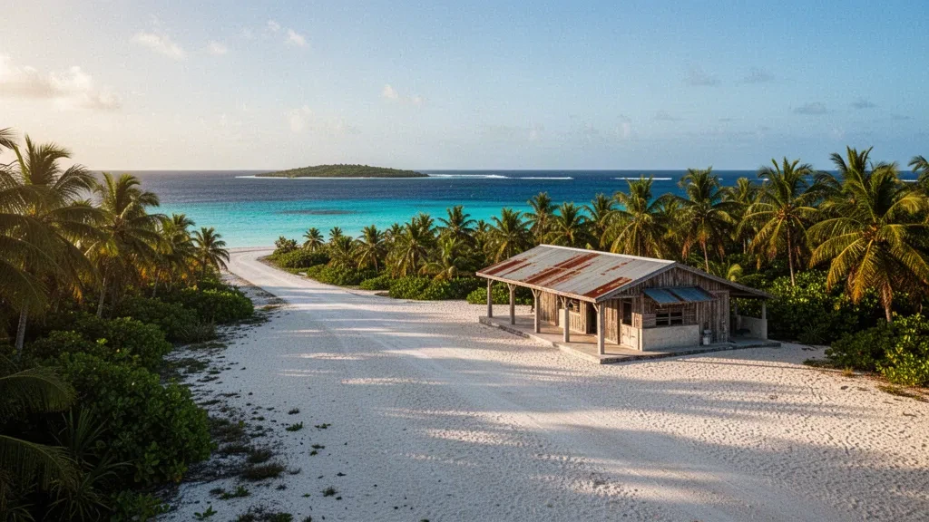 Pista de coral y pequeña terminal refugio en el aeropuerto de Kaben, en el atolón Maloelap, islas Marshall, rodeada de palmeras y agua turquesa de la laguna
