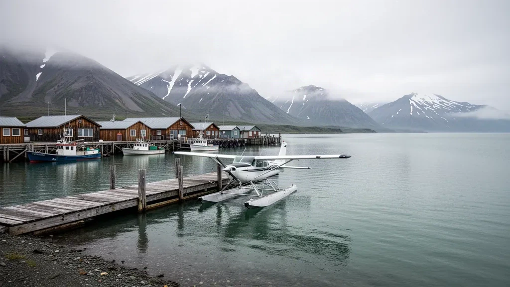 Hydravion à flotteurs amarré à un quai en bois sur les eaux calmes de Chignik Bay, avec les montagnes de la péninsule de l'Alaska couvertes de brouillard en arrière-plan