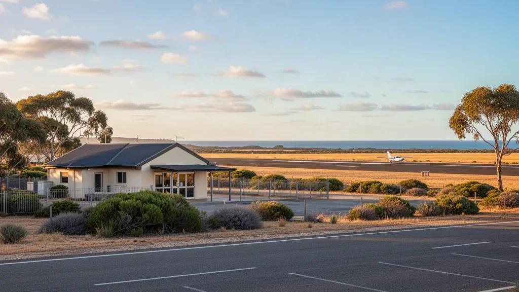 Güney Avustralya'daki Streaky Bay Havalimanı'nın geniş bir kıyı gökyüzü altındaki terminali ve pisti.